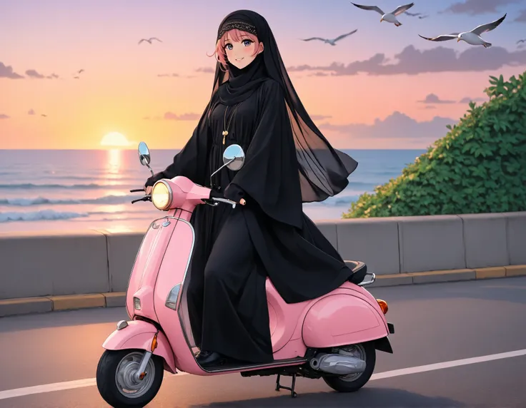   Muslim neqab girl、face veil,twin tails、muslim abaya black,smile , gold jewellery、along the coast、beautiful sunset、smileてピンクのスクーターに乗っている、close-up、Face Highlights、Seagulls are flying、夕暮れのalong the coast、髪が風に揺れている anime girl riding a pink scooter on a road ...