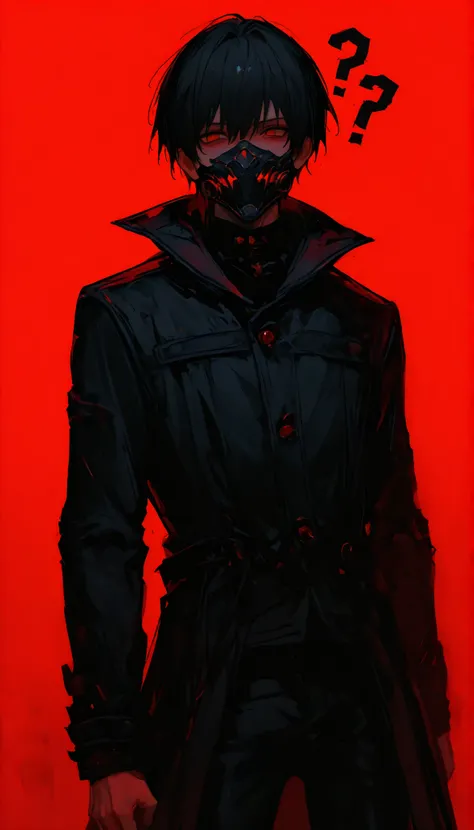 man,ผมสีดำ,in red eyes, black hair,slim,Black Coat,serious face, black pants ,Mask Red,short hair,Black mask,Confused,