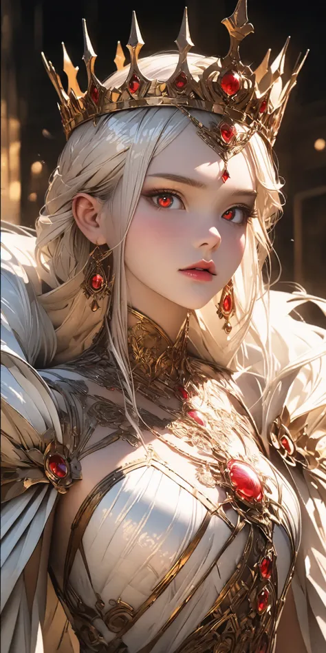 ((a rare natural korean beautiful young queen)), high detailed face, large expressive eyes, elegant textured makeup, long flowing glowing white hair, 24k iced crystal jade crown on her head, hand holding a high detailed sun and moon crystall Queen's Scepte...