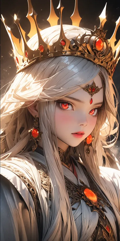 ((a rare natural korean beautiful young queen,1:3)), high detailed face, large expressive eyes, elegant textured makeup, long flowing glowing white hair, 24k iced crystal jade crown on her head, hand holding a high detailed sun and moon crystall Queen's Sc...