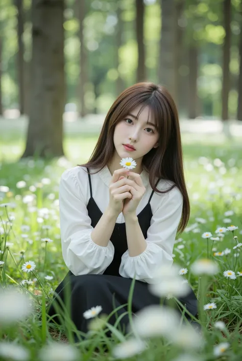 A beautiful young woman with long, straight brown hair, sitting gracefully in a lush green field full of small white flowers. She is wearing a white long-sleeved blouse with puffy sleeves and a black sleeveless dress over it, creating a classic, elegant lo...