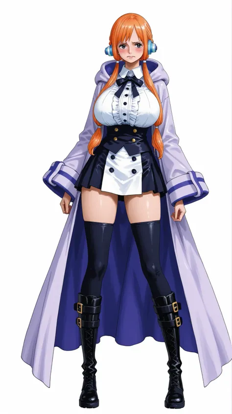 16k、ARTSTYLE_OnePiece_MangaColored _ownwaifu、HeadscissorsSDXL、pastel color、usnr、alone、Highest Quality、Big Breasts、super detailed、One Piece characters、Female Wizard、uta、Uta、shame、slightly embarrassed expression、idol singer、long boots、 thigh-length high sock...