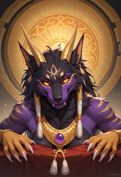 alone, score_9,score_8_up,score_7_up, anthro, female, Eothos, ((front view)), ((looking at viewer)), furred dragon, golden mark on forehead, front half of body black with golden stripes, black muzzle, black long black ears, long straight golden horns, gold...