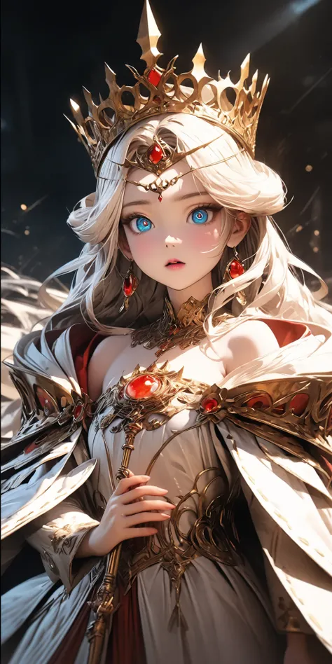 ((a rare natural korean beautiful young queen,1:3)), high detailed face, large expressive eyes, elegant textured makeup, long flowing glowing white hair, 24k iced crystal jade crown on her head, hand holding a high detailed sun and moon crystall Queen's Sc...