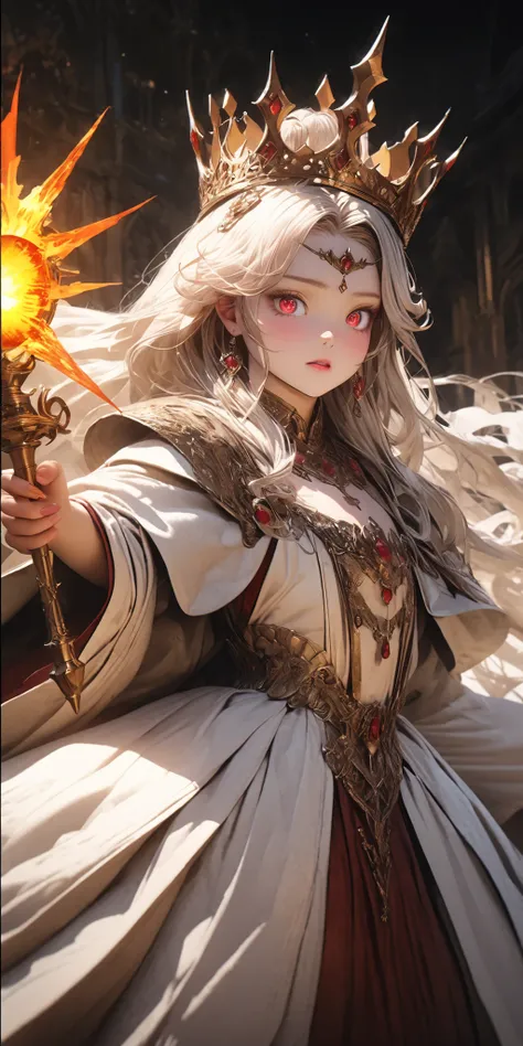 ((a rare natural korean beautiful young queen,1:3)), high detailed face, large expressive eyes, elegant textured makeup, long flowing glowing white hair, 24k iced crystal jade crown on her head, hand holding a high detailed sun and moon crystall Queen's Sc...