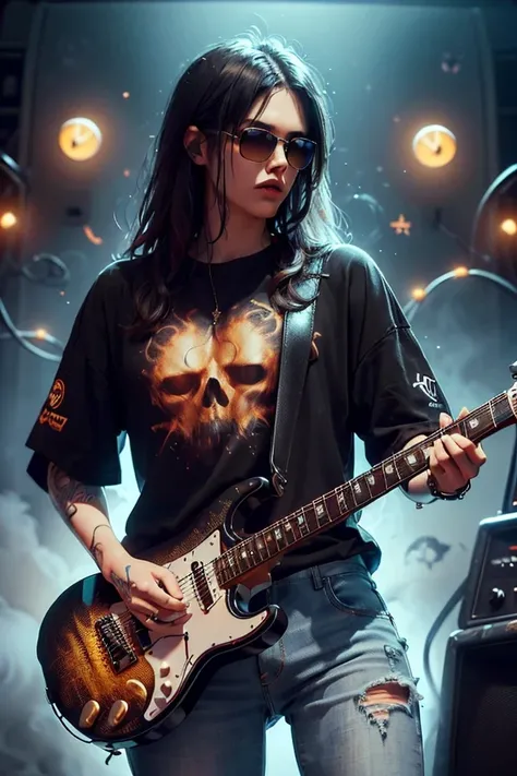 (((Guitarist and singer with big black hair , performing with his matte black guitar on stage , luzes ,light show many people watching the Guitarist and Band concert in a surprising ambient concert with Sound Box and Speakers full of effects just behind a ...