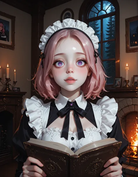 gobo lighting, shadows,  masterpiece, amazing quality, best quality,illustration, clear skin, ultra-detailed-eyes,  pale skin, purple eyes, pink hair, maid outfit, cute face, yandere, indoors, candles, reading nook, bay window, forest view, nighttime, oil ...
