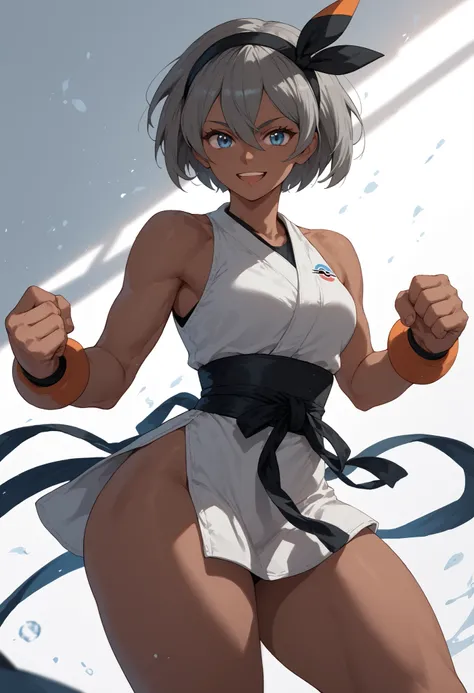 1 Girl, medium chest, Small waist, Wide hips, thick thighs,  Pokémon , Blue Eyes, black skin tone, dark-skinned woman, gray hair, hair between eyes,  short hair, ribbon, Hairband, Hairband,  black ribbon, black Hairband, bare shoulders, orange fighting cos...
