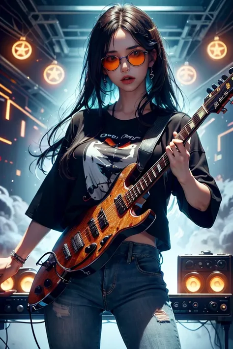 "Guitarist and singer with black hair, hairstyle, in an energetic performance on stage. He holds a matte black guitar with gold details Reds, with high-quality finish made by a professional luthier. The guitarist wears tight jeans from the 70's/80 and an o...