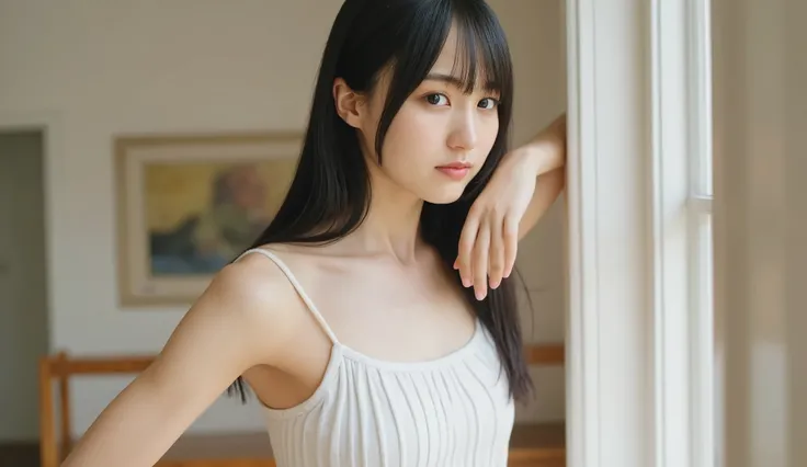 1 girl, 20 years old, young girl, Japanese girl, dark brown long hair, (I'm wearing a white tank top with thin straps, plated mini skirt), Open button, button, Closeup selfie , Natural Breasts, skinny, Chest, nsfw, Lean on me