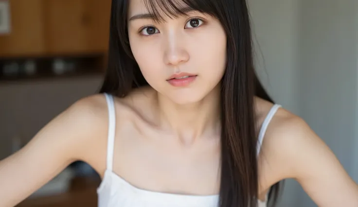 1 girl, 20 years old, young girl, Japanese girl, dark brown long hair, (I'm wearing a white tank top with thin straps, plated mini skirt), Open button, button, Closeup selfie , Natural Breasts, skinny, Chest, nsfw, Lean on me