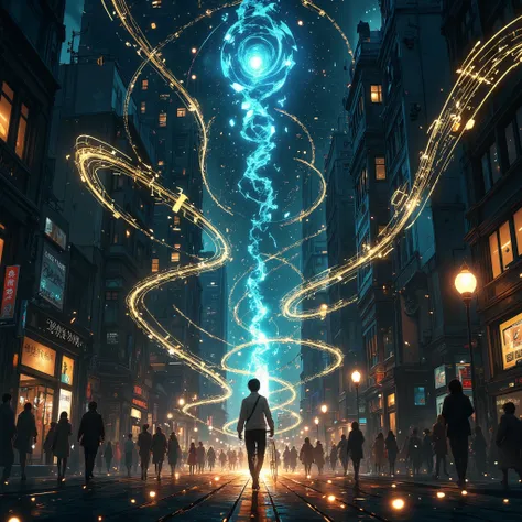 A magical surreal image of glowing five-line symbols floating in the air, musical notation and performance symbols, and let them often flash around the city, like in an anime, a man who plays music. A busy city street folds and twists like a crumpled sheet...