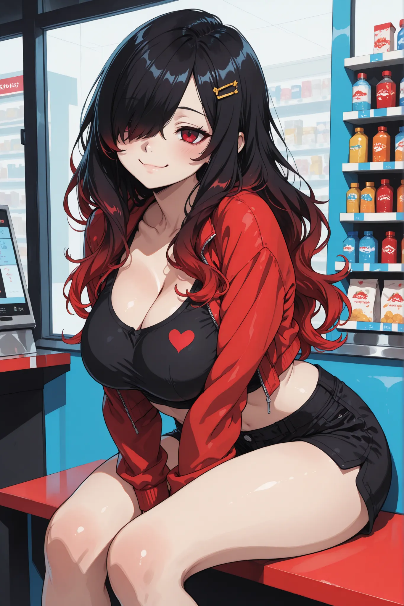 1 girl, Kuroki Monika, red eyes, gradient hair, black hair, red hair, long hair, asymmetrical hairline, hair over right eye, ((large breasts)), (petite but curvy), very cute, lovely,  yellow hairpin, red jacket, black crop top,  black shorts, cute, smile, ...