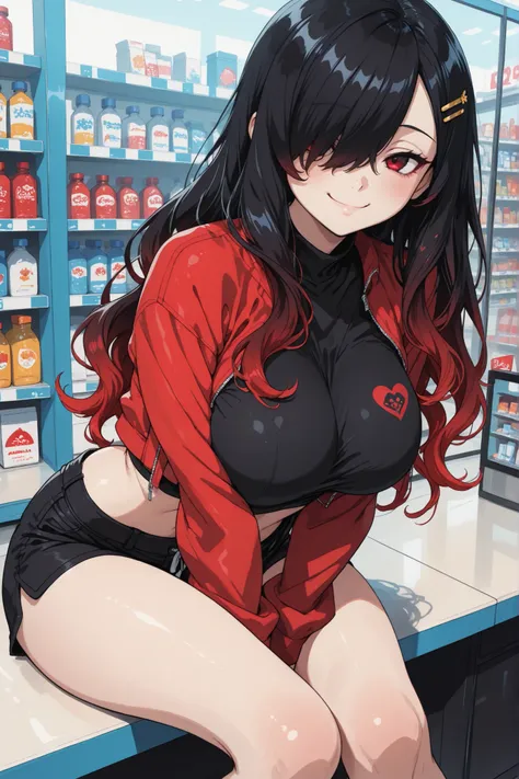 1 girl, Kuroki Monika, red eyes, gradient hair, black hair, red hair, long hair, asymmetrical hairline, hair over right eye, ((large breasts)), (petite but curvy), very cute, lovely,  yellow hairpin, red jacket, black crop top,  black shorts, cute, smile, ...