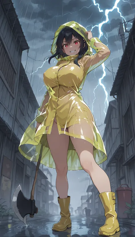 pt、 Detailed Girls，Detailed Girlsの顔，Saggy Breasts，Savage smile，black hair，transparent yellow see-through raincoat, hiding her face with the hood,Yellow Boots,My eyes can't see because of the hood,Rain boots,are all the buttons on the raincoat closed,girl w...