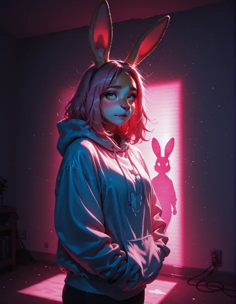 gobo lighting, shadows, Digital Art, night, glare, PINK AND YELLOW LIGHTING, 1girl, furry, bunny, hoodie, dynamic pose, digital painting, no background, harsh lighting, dynamic lighting,  embarrassed, watercolor, thick sketchy line work,Sillycat,