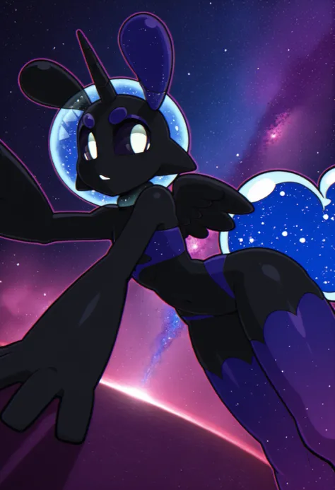 Dynamic angle, sploot,1girl,colored_sclera,white eyes,alien,antennae, space, nebula, Black Skin,,Purple Eyebrows,Dark Purple Eyeshadow,Light sapphire blue Starry Hair With Light pale Pink Outline,Unicorn horn,Pegasus Wings, Light Blue Eyes