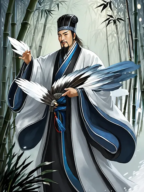 Snow falling effect、digital illustration, Ancient Chinese scholars, traditional costume, embroidered robe,  Zhuge Kongming,  , White and blue palette, Gestures,  black leather, attention to detail,  Historical figures , Standing, feather fan,  In the bambo...