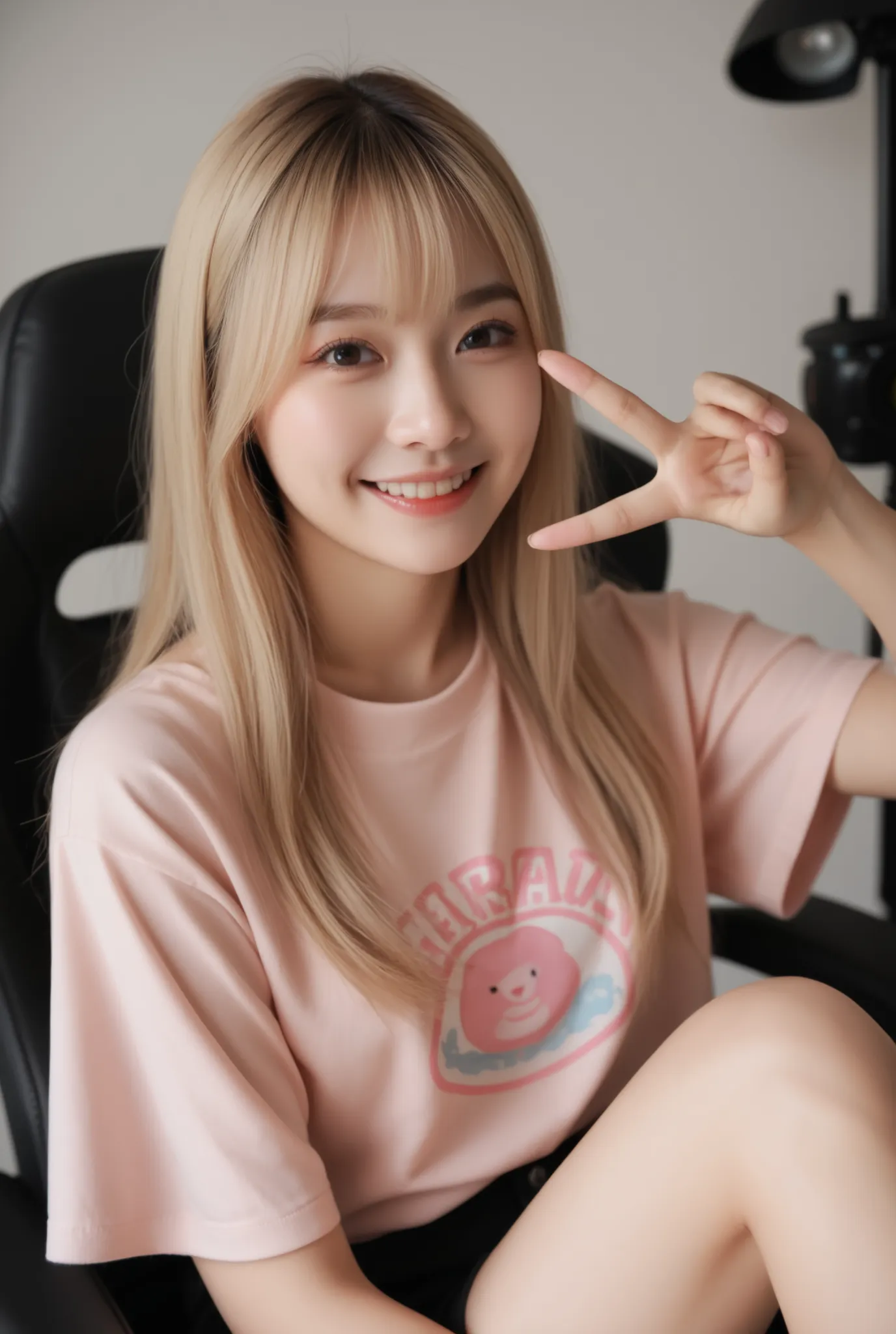 beautiful young woman, long straight blonde hair, wearing a tight pink t-shirt and black shorts, sitting on a gaming chair, making a peace sign, smiling, looking at the camera, soft lighting, cozy room background, highly detailed, realistic, ultra HD, phot...
