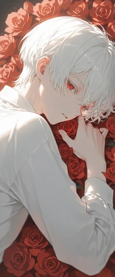 (1 boy with white hair short cut:1.4),Red flowers lie in many coffins、 white shirt、moonlight