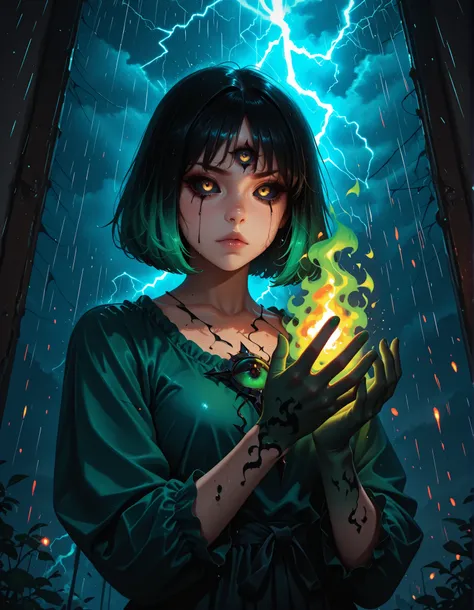 masterpiece,best quality, amazing quality, ((gobo lighting, shadows, dramatic lighting, drastic contrast)), absurdres,  1girl, solo, glowing third eye,  burning night, lightning, raining flame, burning rain, bob cut, green undertone, black sclera, black sc...