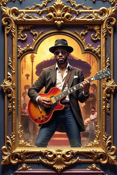 ((( Decorative Letters in Honor of Guitarists from Around the World, Guitarist from the United States , bold with a subtle touch with reference to the 80s and 70s details on the clothing referring to that era , Yamaha guitar with bold details and specific ...