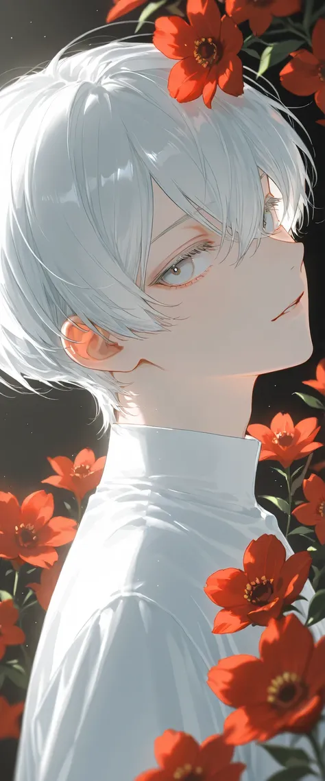 (1 boy with white hair short cut:1.4),Red flowers lie in many coffins、 white shirt、moonlight