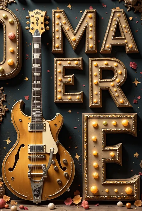 ((( Decorative Letters in Honor of Guitarists from Around the World, Guitarist from France , bold with a subtle touch with reference to the 80s and 70s details on the clothing referring to that era , Yamaha guitar with bold details and specific design for ...