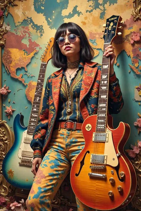 ((( Decorative Letters in Honor of Guitarists from Around the World, Guitarist from Japan , bold with a subtle touch with reference to the 80s and 70s details on the clothing referring to that era , Yamaha guitar with bold details and specific design for t...