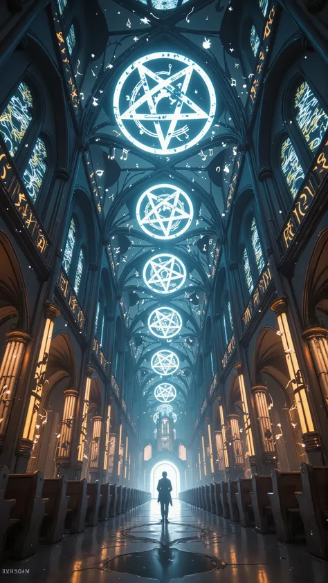 An ethereal cathedral in the city center, built entirely with intertwined pentagrams, perfectly drawn luminous musical notes that stand out on the walls, translucent organ pipes that emit a soft light. Moonlight enters through fermata-shaped windows, creat...