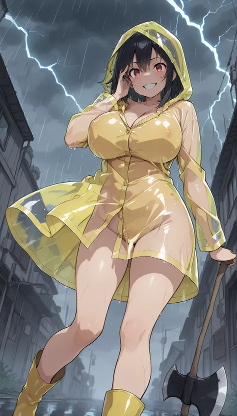 pt、 Detailed Girls,Detailed Girlsの顔,Saggy Breasts,Savage smile,black hair,transparent yellow see-through raincoat, hiding her face with the hood,Yellow Boots,My eyes can't see because of the hood,Rain boots,are all the buttons on the raincoat closed,girl w...