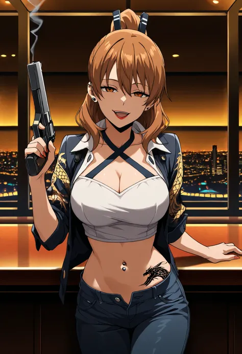 masterpiece, best quality, newest, solo, 1girl, s3ryu,  , looking at viewer, , long hair, brown hair, ponytail, brown eyes,   medium breast, mature female, ear piercing, long hair,  lipstick,Hot girl, baddie, smoking, sensual, attractive ,bar
background, i...