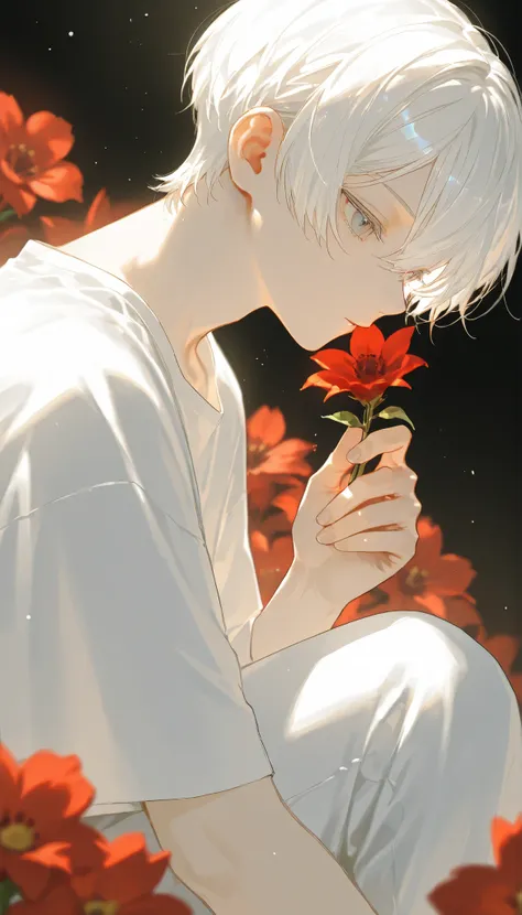 (1 boy with white hair short cut:1.4),Red flowers lie in many coffins、 white shirt、moonlight