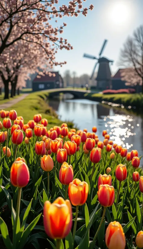 blossoming tulips on a sunny spring morning; in the background an old mill, old Dutch houses and an old brick church; blossoming cherry trees, lente aan de Noordzee, some rays of sunshine shining on the water, blurred background, bokeh, fotografie