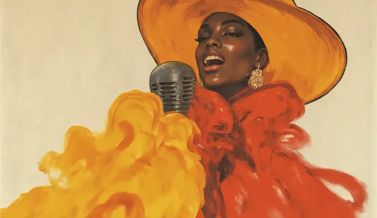 the face of a black woman singing into an old microphone, wearing a chic René Gruau-style hat, Chic dress, Background in neutral tones , poster art, illustration. color palette: red ruby, Preto rico, Bigfoot Feet, cinnabar, Deep Coffee