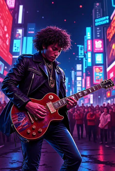 (( City of Music Homage to Guitarists from Around the World, Guitarist from the United States , bold with a subtle touch with reference to the 80s and 70s details on the clothing referring to that era , Yamaha guitar with bold details and specific design f...