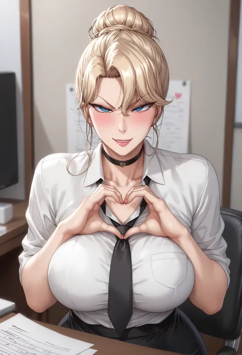 Reika_Kurashiki's, nsfw, masterpiece, (best quality:1.2), (sharp focus:1.2),, 1 Woman's, Busty girl,, (blonde|Tied-Bun hair, Intimidating Blue Eyes),, detailed face, Mature|Lewd face, blush, evil smile,, natural Huge breasts, Perfect arms, Wide Hips, white...