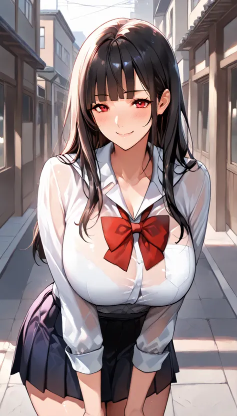 Modern Backgrounds,A female with slim body(older girl),red eyes,huge oppai,shiny skin,(Wearing A loose JK skirt),(Loose school uniform)(See-through),Flip her hair,On the street in The school,(Black long hair, straight hair, blunt bangs), Chest compression,...