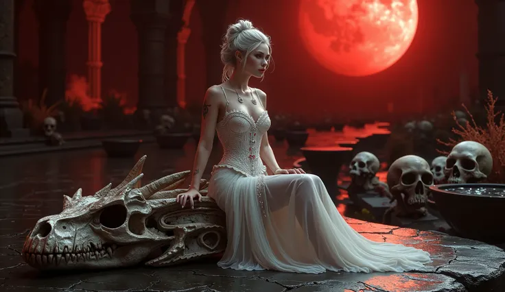 A young woman in her early 20s, youthful, with smooth skin, a soft ethereal silver glow, delicate texture, slightly defined cheekbones, a piercing mischievous gaze with clear malice, icy silver eyes with a shimmer, one eyebrow arched, delicate silver eyeli...