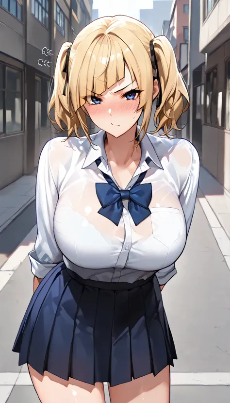 Modern Backgrounds,A female with slim body(older girl),blue eyes,huge oppai,shiny skin,(Wearing A loose JK skirt),(Loose school uniform)(See-through),On the street in The school,(blonde short hair, twintails, diagonal bangs),Cross arms,(((tsundere))),sligh...