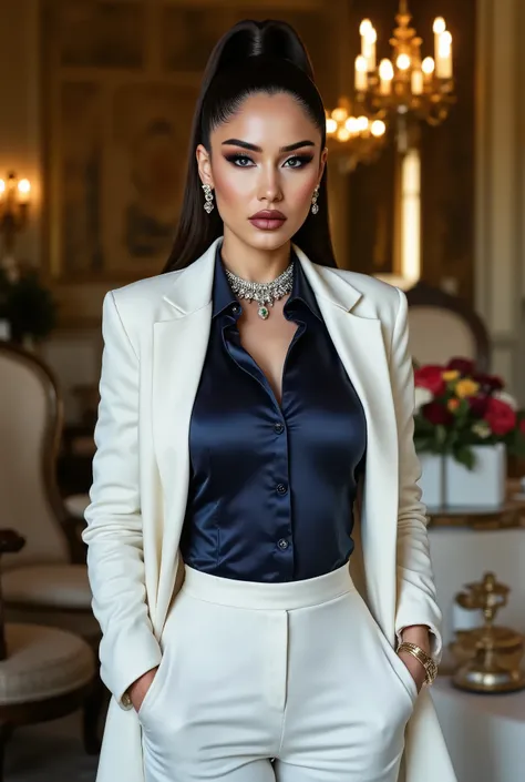 badass clothing: She is wearing white tailored pants and white blazer and a dark blue satin dress shirt., a subtle train that adds a touch of drama and elegance to the look. a diamond belt that highlights the waist and adds a subtle sparkle.
Accessories:...