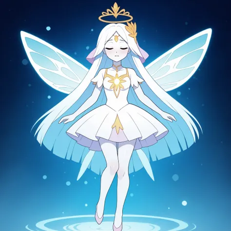Anime-style illustration of an elegant fairy dancing like a ballerina. She has long, snow-white hair, smooth and glowing skin, and wears a short dress,  translucent and shimmering . His wings are large, delicate and translucent, with golden and rainbow ton...