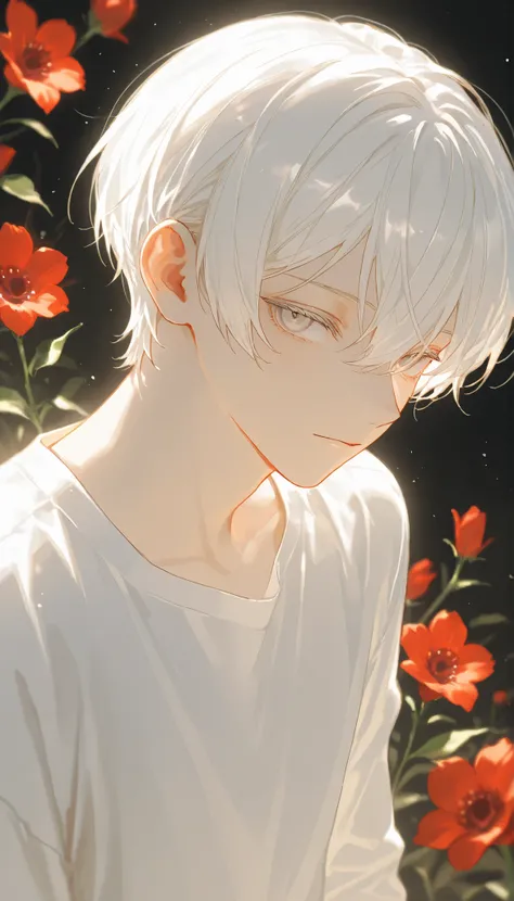 (1 boy with white hair short cut:1.4),Red flowers go inside many coffins、 white shirt、moonlight