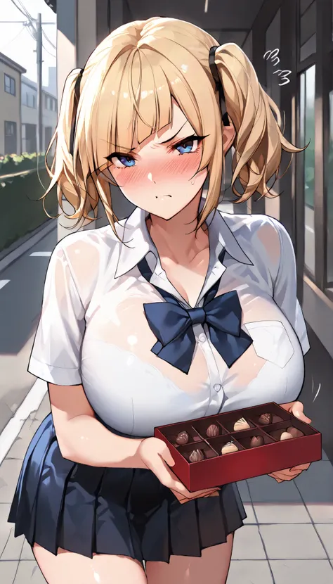SOLO,Modern Backgrounds,A female with slim body(older girl),blue eyes,huge oppai,shiny skin,(Wearing A loose JK skirt),(Loose school uniform)(See-through),On the street in The school,(blonde short hair, twintails, diagonal bangs),Hand out a box of chocolat...