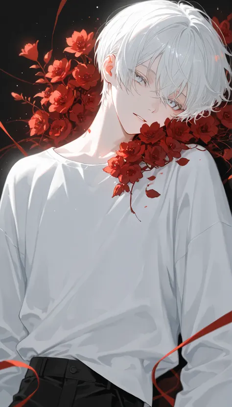 (1 boy with white hair short cut:1.4),Red flowers lie in many coffins、 white shirt、black pants、moonlight