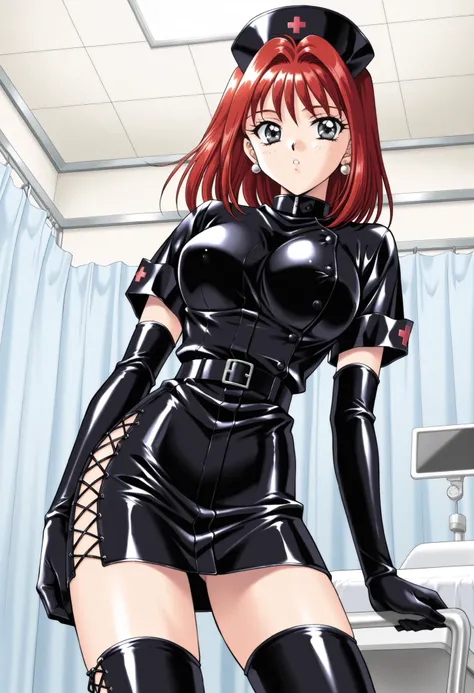 Score_9, score_8_up, score_7_up, source_anime, TachibanaMayumi, solo, red hair, medium hair, jewelry, earrings, grey eyes, bangs, large breasts, 1990s (style), kadoi aya style, enamel leather dark nurse, latex dress, black latex elbow gloves, black latex l...