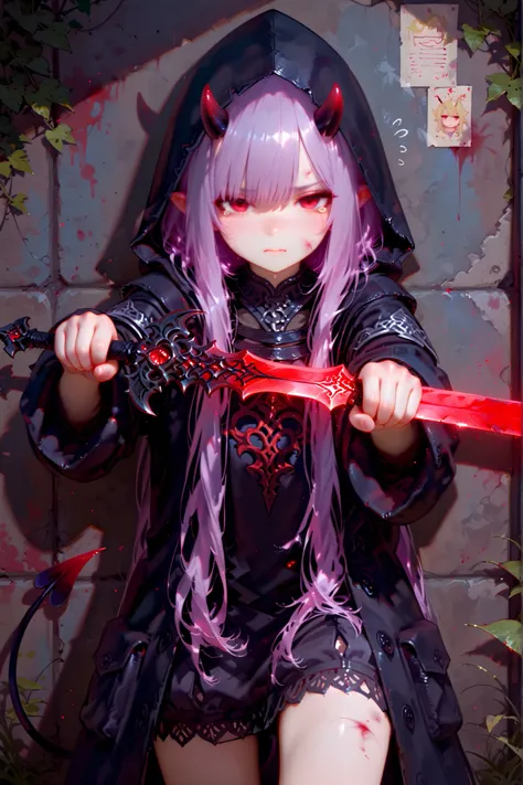 masterpiece, best quality, Detailed Eyes, girl, fantasy, very long purple hair, red eye, tiny black horn, cute, pretty, semi realistic, 8k, black hood coat, small demon tail, emotionless, disappointed face, tearing, looking at viewer, fantasy, slum backgro...