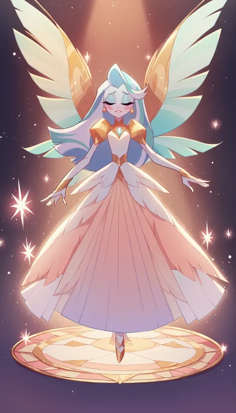 Anime-style illustration of an elegant fairy dancing like a ballerina. She has long, snow-white hair, smooth and glowing skin, and wears a short dress,  translucent and shimmering . His wings are large, delicate and translucent, with golden and rainbow ton...