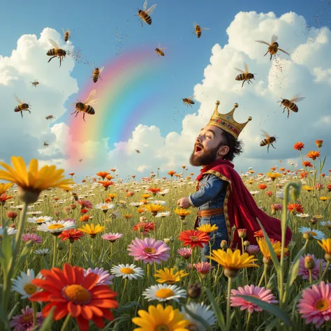 , in the meadow where there is a rainbow and a lot of colorful flowers colorful bees fly over their spread blanket there are a lot of them and they drop a lot of colored glitter on the flowers behind them is the king of the whole land who laughs and enjoys...