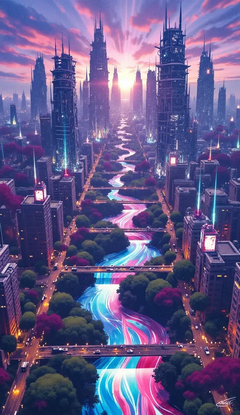 Panoramic overview of a fantastical "Music City" at twilight (or vibrant daylight). Skyscrapers constructed from glowing, solidified sound waves, interwoven with giant, luminous musical notes (like quarter notes, eighth notes) and ethereal streams of light...
